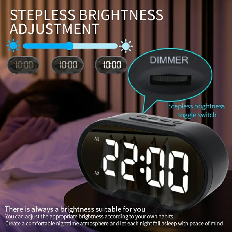 TS-R900 5.5 Inch LED Mirror Clock Dual USB Charging Stepless Brightness Digital Alarm Clock for Bedroom - Black