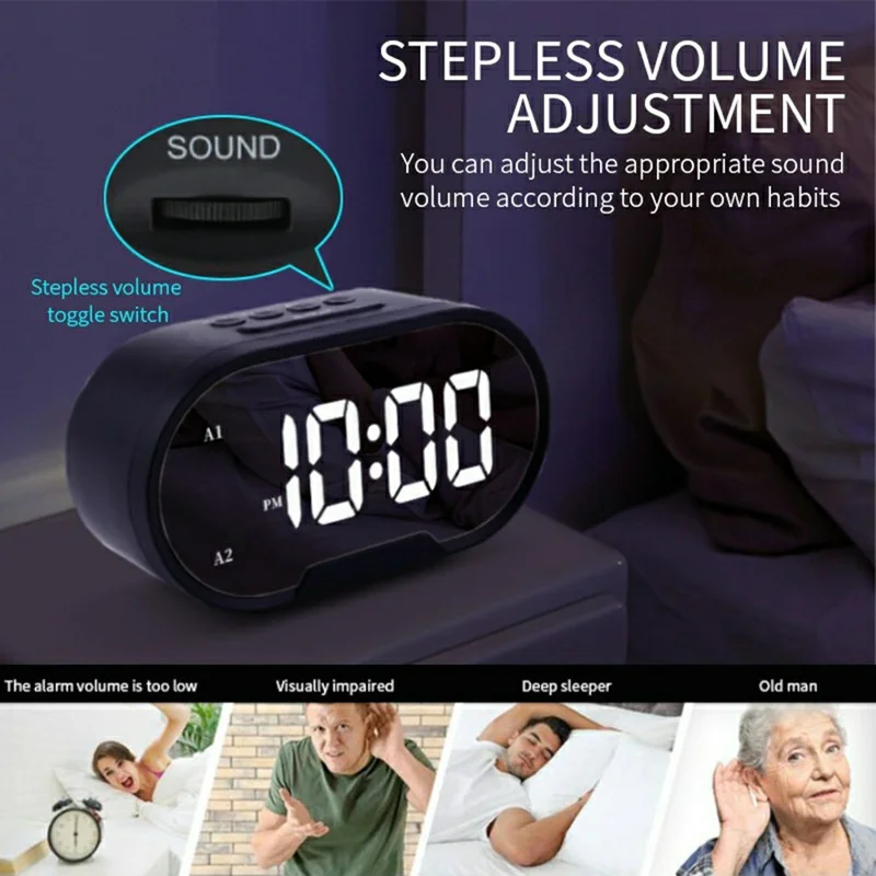 TS-R900 5.5 Inch LED Mirror Clock Dual USB Charging Stepless Brightness Digital Alarm Clock for Bedroom - Black