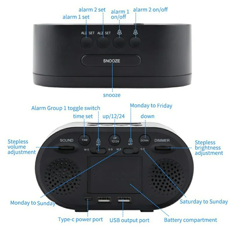 TS-R900 5.5 Inch LED Mirror Clock Dual USB Charging Stepless Brightness Digital Alarm Clock for Bedroom - Black