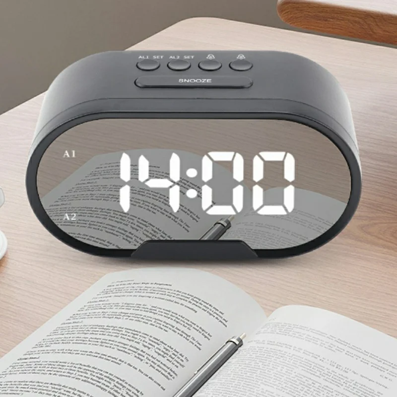 TS-R900 5.5 Inch LED Mirror Clock Dual USB Charging Stepless Brightness Digital Alarm Clock for Bedroom - Black