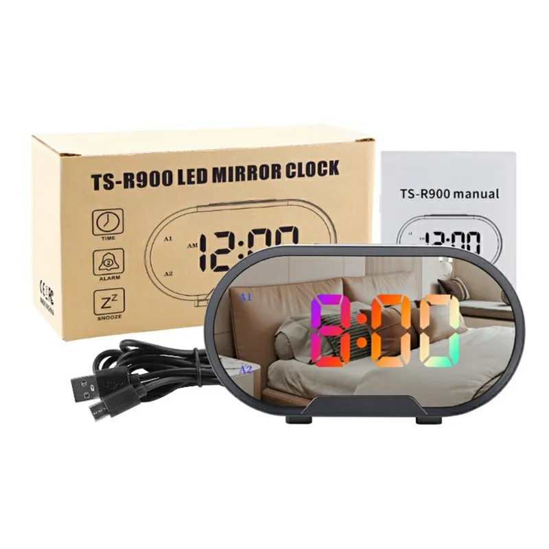 TS-R900 LED Digital Alarm Clock 5.5 Inch Mirror Display Dual USB Charging Desk Clock for Bedroom Desktop - Black