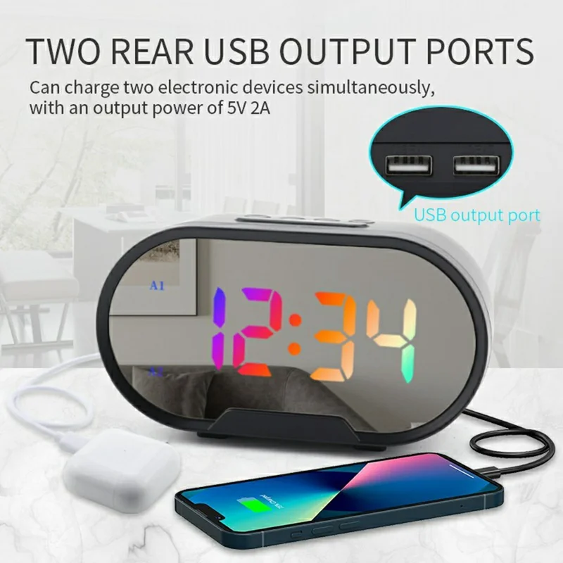 TS-R900 LED Digital Alarm Clock 5.5 Inch Mirror Display Dual USB Charging Desk Clock for Bedroom Desktop - Black