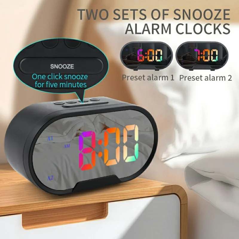TS-R900 LED Digital Alarm Clock 5.5 Inch Mirror Display Dual USB Charging Desk Clock for Bedroom Desktop - Black
