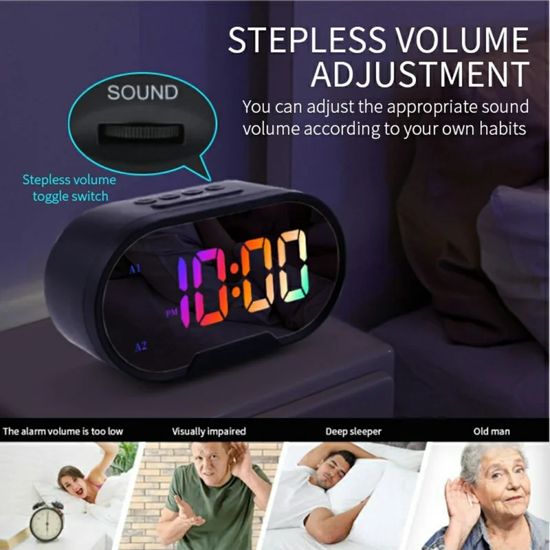 TS-R900 LED Digital Alarm Clock 5.5 Inch Mirror Display Dual USB Charging Desk Clock for Bedroom Desktop - Black