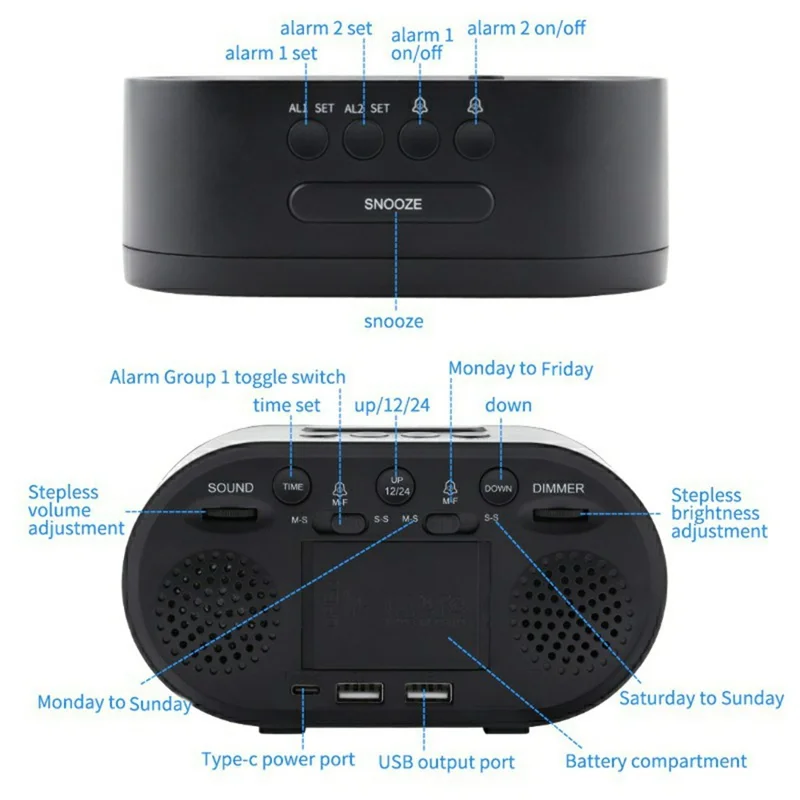 TS-R900 LED Digital Alarm Clock 5.5 Inch Mirror Display Dual USB Charging Desk Clock for Bedroom Desktop - Black