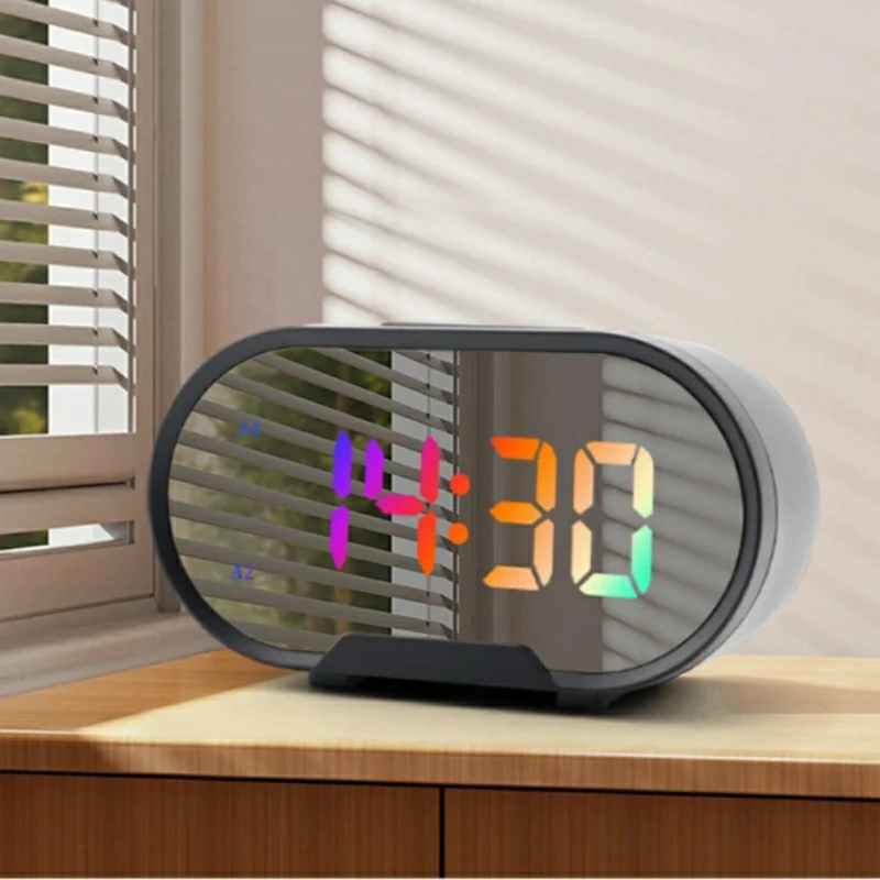 TS-R900 LED Digital Alarm Clock 5.5 Inch Mirror Display Dual USB Charging Desk Clock for Bedroom Desktop - Black