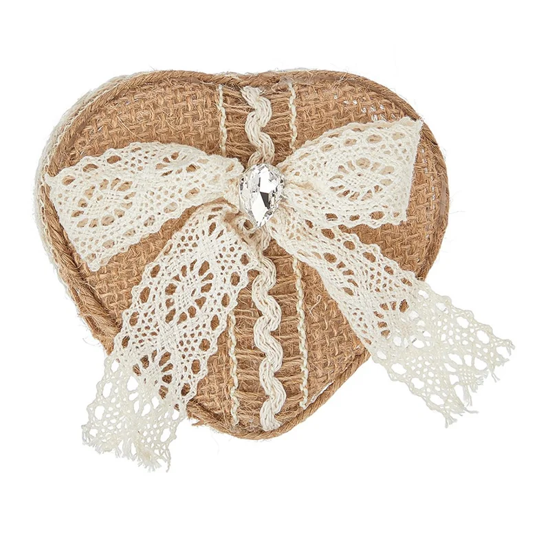 Scatola per Anelli a Forma di Cuore in Tela Grezza con Nastro di Pizzo, Scatola per Anelli Rustica per Cerimonia di Matrimonio