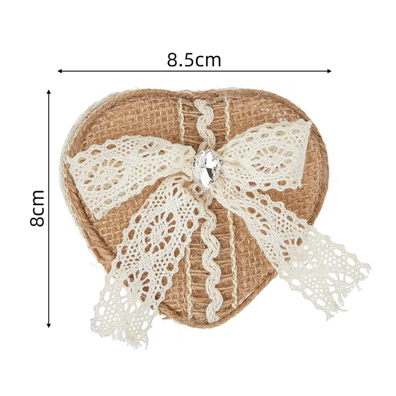 Scatola per Anelli a Forma di Cuore in Tela Grezza con Nastro di Pizzo, Scatola per Anelli Rustica per Cerimonia di Matrimonio
