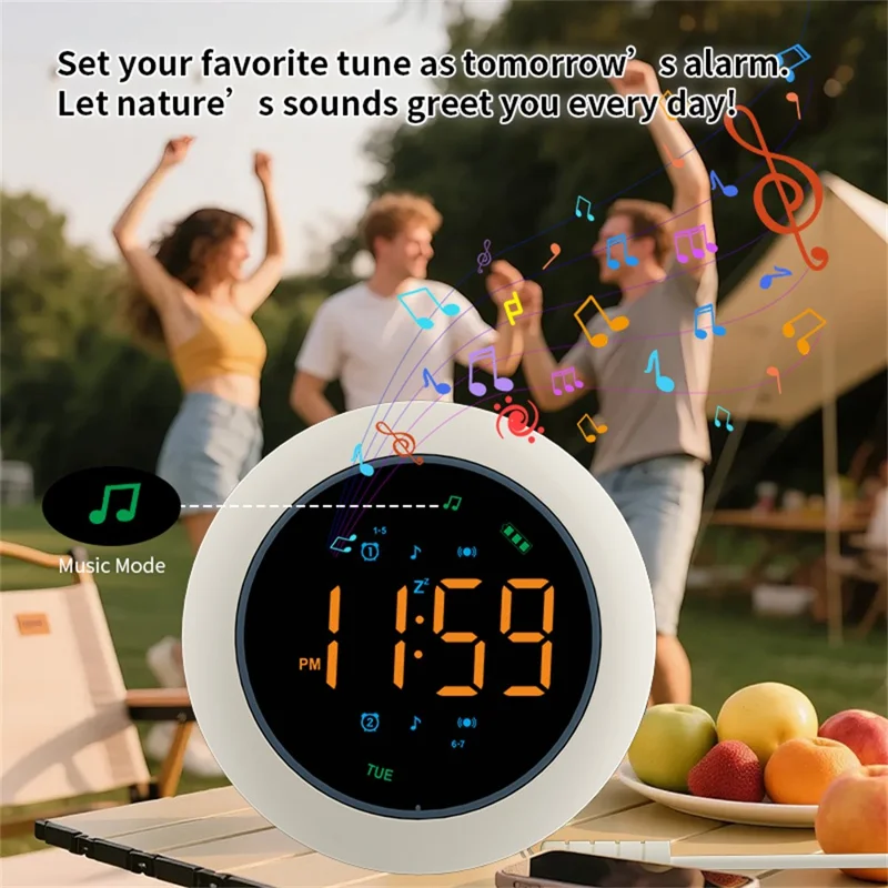 ساعة منبه LED محمولة TS-BC800-LED بمنبه مزدوج ووظيفة اهتزاز ثلاثية المستويات ووظيفة موسيقى، ساعة مكتبية للنوم - أبيض