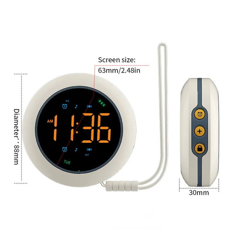 ساعة منبه LED محمولة TS-BC800-LED بمنبه مزدوج ووظيفة اهتزاز ثلاثية المستويات ووظيفة موسيقى، ساعة مكتبية للنوم - أبيض