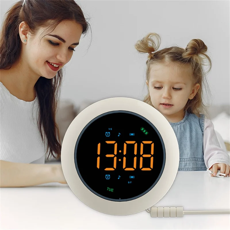ساعة منبه LED محمولة TS-BC800-LED بمنبه مزدوج ووظيفة اهتزاز ثلاثية المستويات ووظيفة موسيقى، ساعة مكتبية للنوم - أبيض