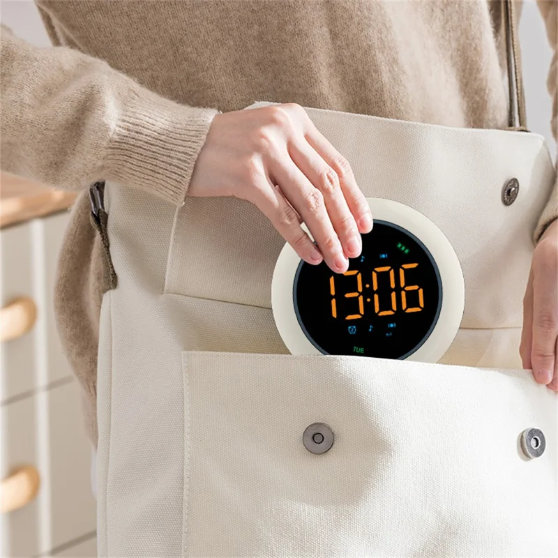 ساعة منبه LED محمولة TS-BC800-LED بمنبه مزدوج ووظيفة اهتزاز ثلاثية المستويات ووظيفة موسيقى، ساعة مكتبية للنوم - أبيض