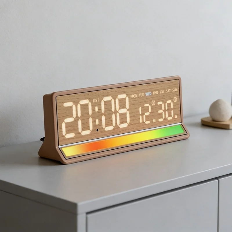 ساعة منبّه رقمية بإضاءة LED كبيرة، عرض صوتي ملون RGB، منفذ إخراج USB، ساعة مكتبية لعرض الوقت والتاريخ والأسبوع ودرجة الحرارة - 6675 / هيكل أسود وإضاءة بيضاء