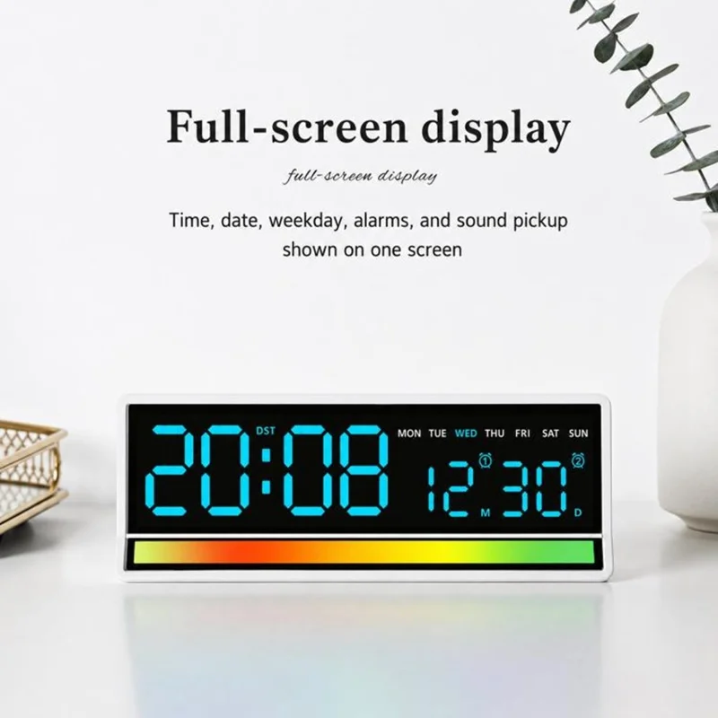 ساعة منبّه رقمية بإضاءة LED كبيرة، عرض صوتي ملون RGB، منفذ إخراج USB، ساعة مكتبية لعرض الوقت والتاريخ والأسبوع ودرجة الحرارة - 6675 / هيكل أسود وإضاءة بيضاء