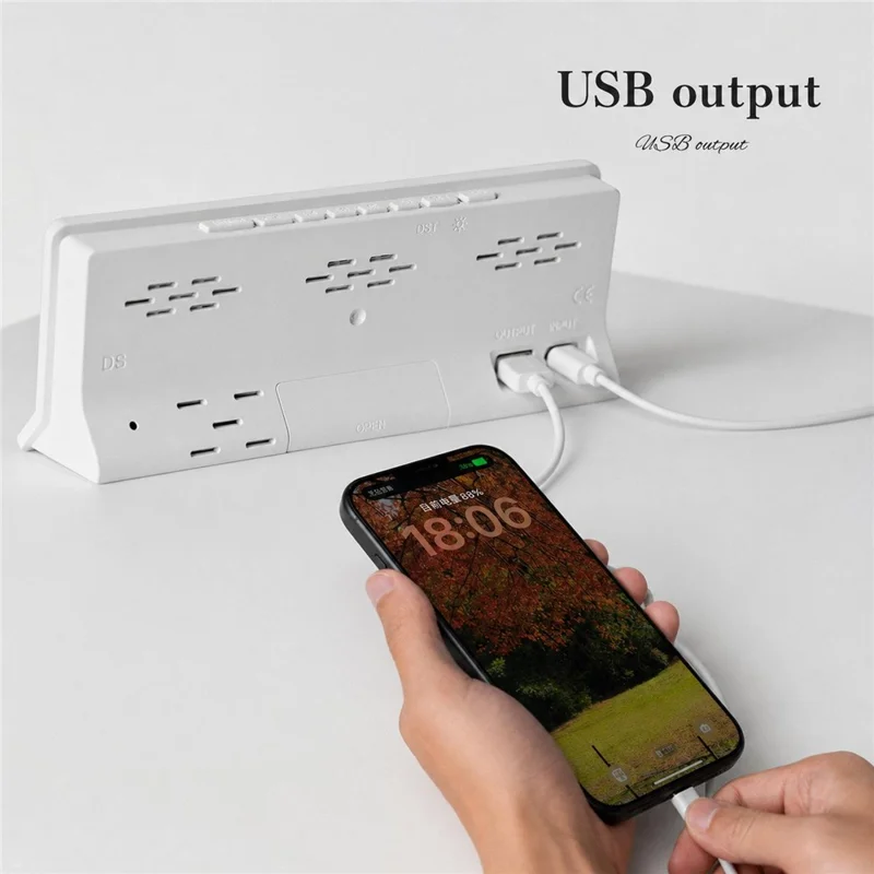 ساعة منبّه رقمية بإضاءة LED كبيرة، عرض صوتي ملون RGB، منفذ إخراج USB، ساعة مكتبية لعرض الوقت والتاريخ والأسبوع ودرجة الحرارة - 6675 / هيكل أسود وإضاءة بيضاء