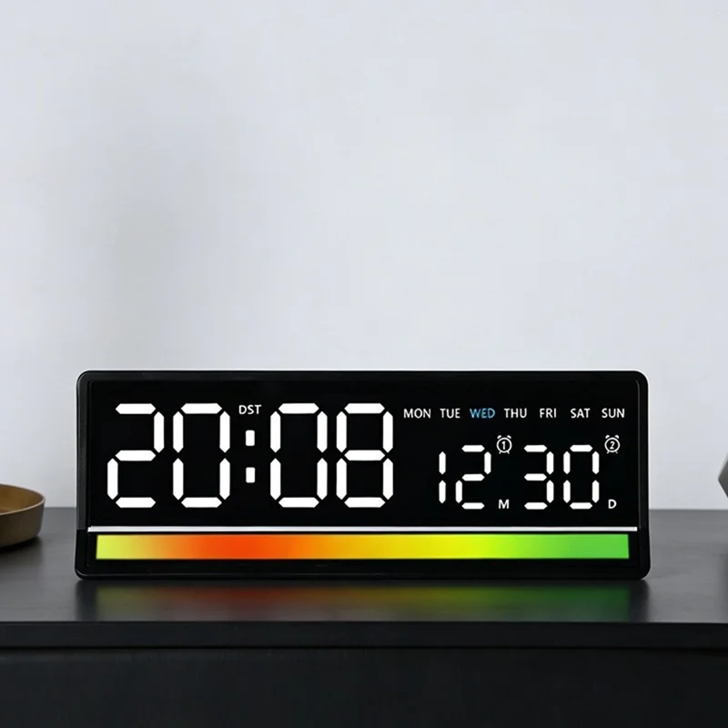 ساعة منبّه رقمية بإضاءة LED كبيرة، عرض صوتي ملون RGB، منفذ إخراج USB، ساعة مكتبية لعرض الوقت والتاريخ والأسبوع ودرجة الحرارة - 6675 / هيكل أسود وإضاءة بيضاء