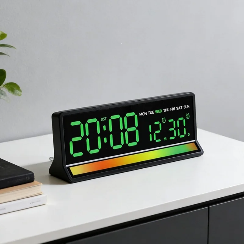 ساعة منبّه رقمية بإضاءة LED كبيرة، عرض صوتي ملون RGB، منفذ إخراج USB، ساعة مكتبية لعرض الوقت والتاريخ والأسبوع ودرجة الحرارة - 6675 / هيكل أسود وإضاءة بيضاء