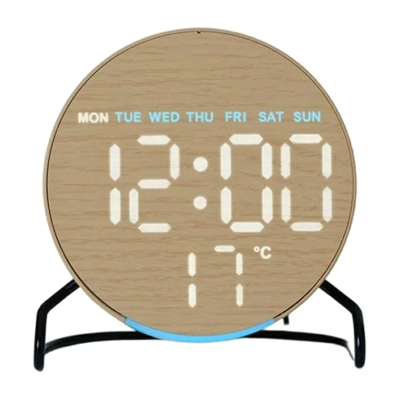 LED Digital Desk Clock Metal Stand Ambient Light Countdown Timer Temperature Bedside Alarm Clock - 2815 Round Shape  /  Yellow
