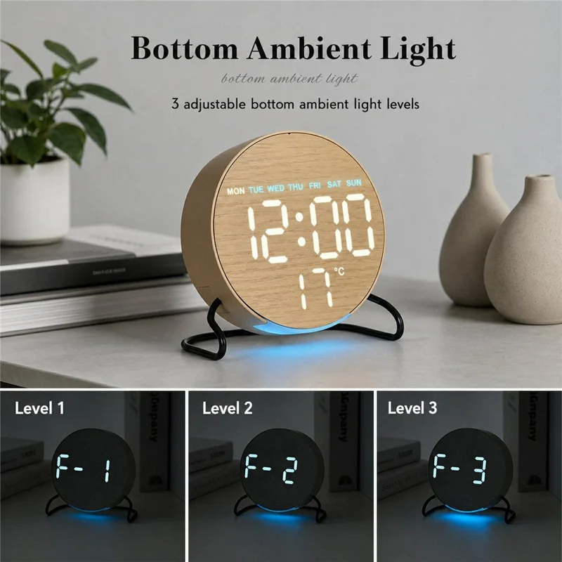 LED Digital Desk Clock Metal Stand Ambient Light Countdown Timer Temperature Bedside Alarm Clock - 2815 Round Shape  /  Yellow