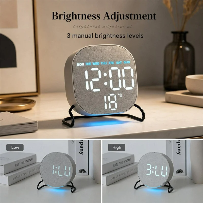 LED Digital Desk Clock Metal Stand Ambient Light Countdown Timer Temperature Bedside Alarm Clock - 2815 Round Shape  /  Yellow