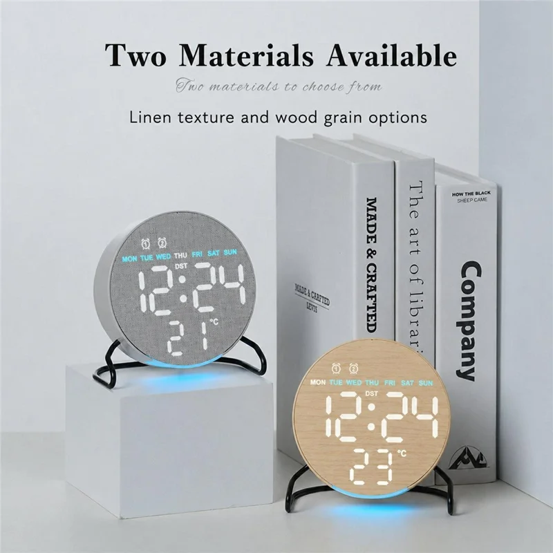 LED Digital Desk Clock Metal Stand Ambient Light Countdown Timer Temperature Bedside Alarm Clock - 2815 Round Shape  /  Yellow