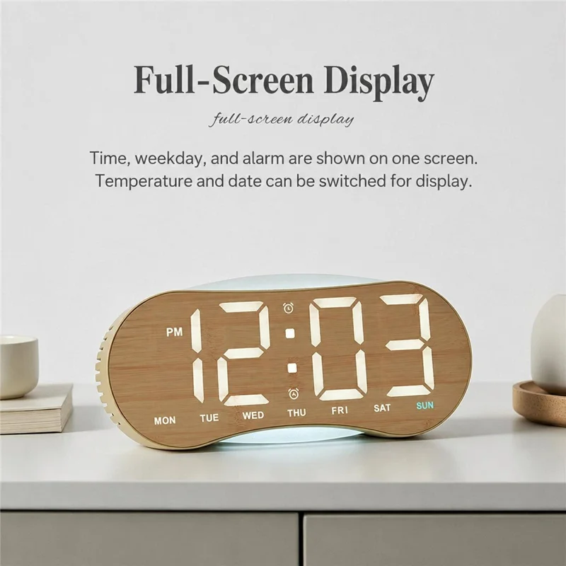 LED Digital Clock Curved Screen Time Date Large Display Adjustable Brightness Wall Desk Clock - GH9031 Black Shell  /  Blue Light