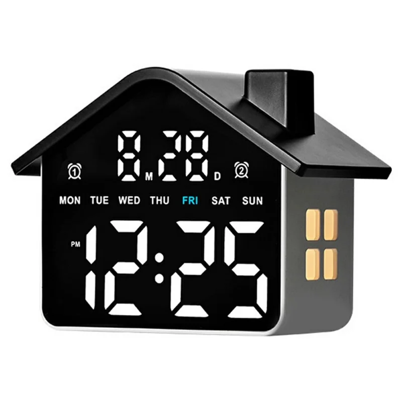 House Shaped LED Digital Alarm Clock with Night Light Dual Alarms 4-Level Brightness Bedside Clock - GH9033 Black  /  White Light
