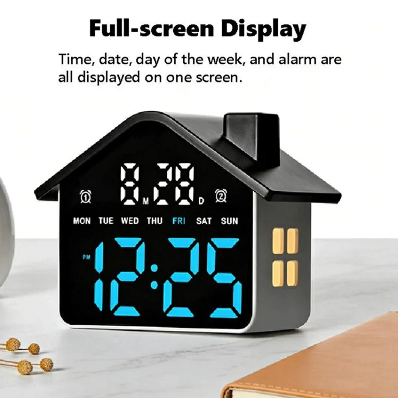 House Shaped LED Digital Alarm Clock with Night Light Dual Alarms 4-Level Brightness Bedside Clock - GH9033 Black  /  White Light