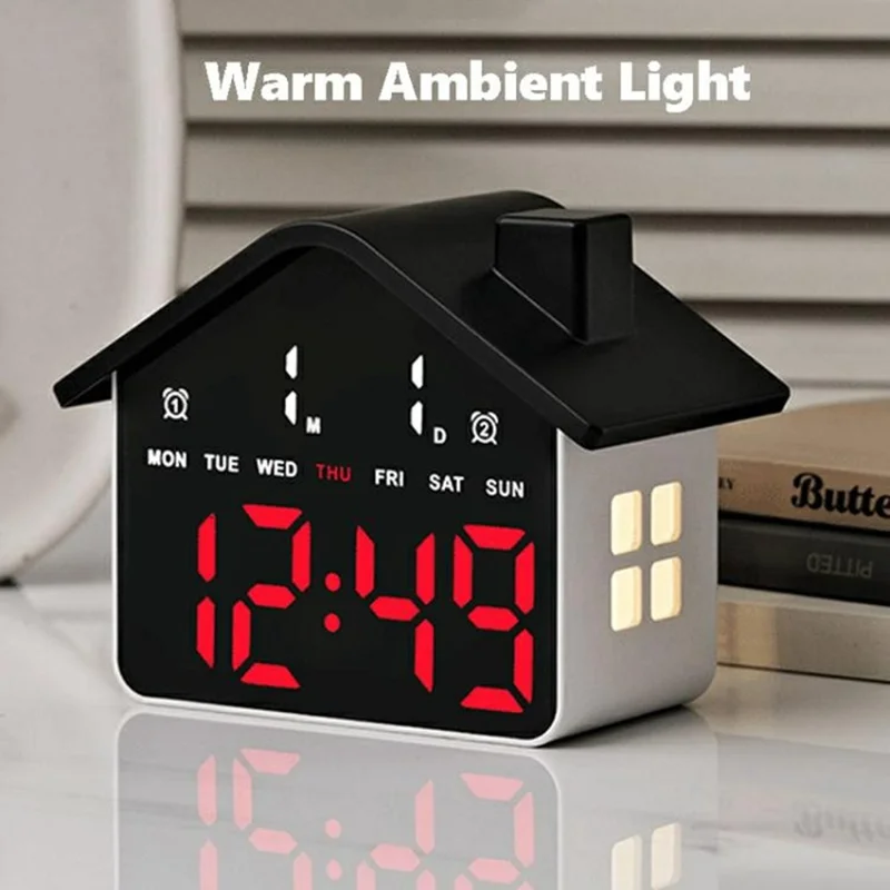 House Shaped LED Digital Alarm Clock with Night Light Dual Alarms 4-Level Brightness Bedside Clock - GH9033 Black  /  White Light