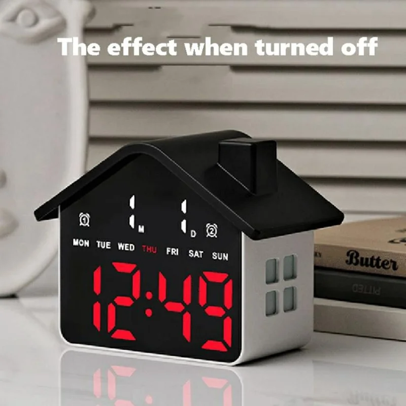 House Shaped LED Digital Alarm Clock with Night Light Dual Alarms 4-Level Brightness Bedside Clock - GH9033 Black  /  White Light