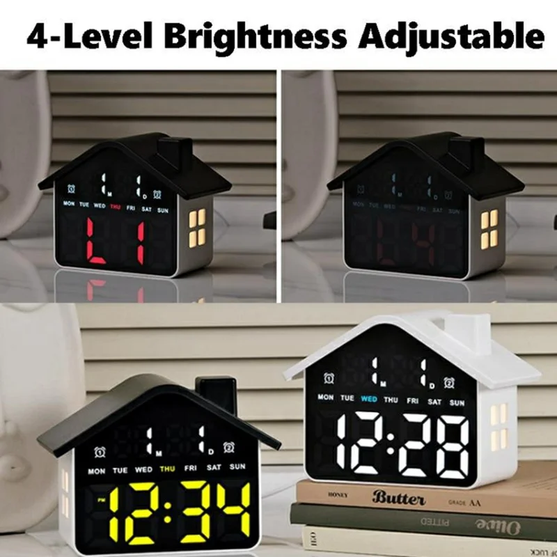 House Shaped LED Digital Alarm Clock with Night Light Dual Alarms 4-Level Brightness Bedside Clock - GH9033 Black  /  White Light
