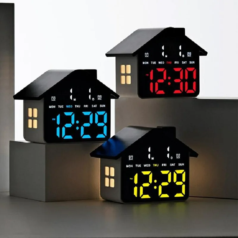 House Shaped LED Digital Alarm Clock with Night Light Dual Alarms 4-Level Brightness Bedside Clock - GH9033 Black  /  White Light