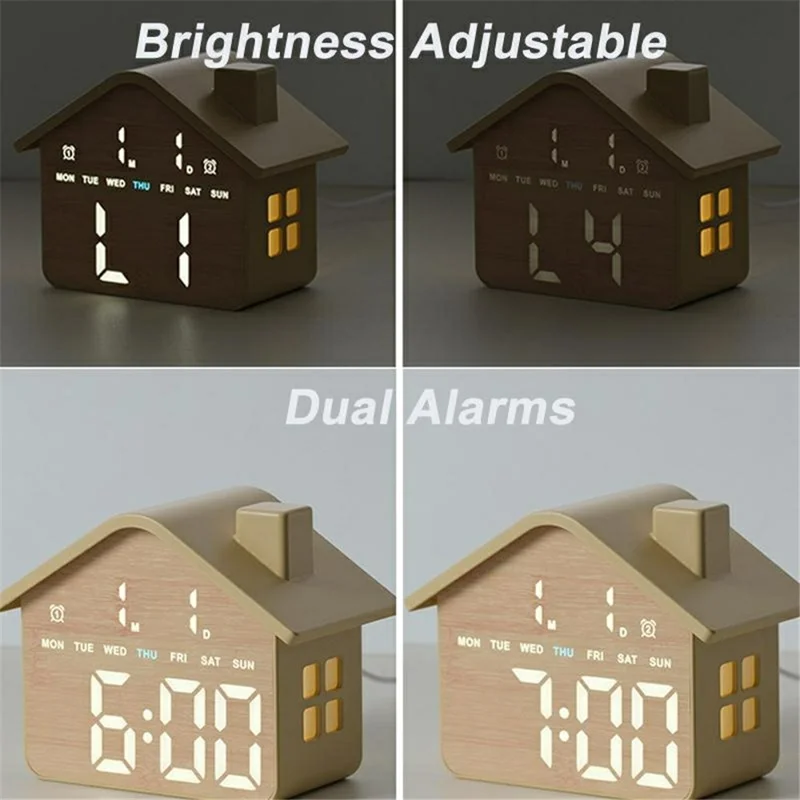 House Shaped Digital Alarm Clock LED Night Light Dual Alarm 4-Level Brightness Bedside Table Clock - GH8063  /  Yellow