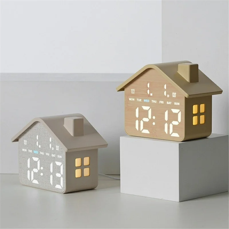House Shaped Digital Alarm Clock LED Night Light Dual Alarm 4-Level Brightness Bedside Table Clock - GH8063  /  Yellow