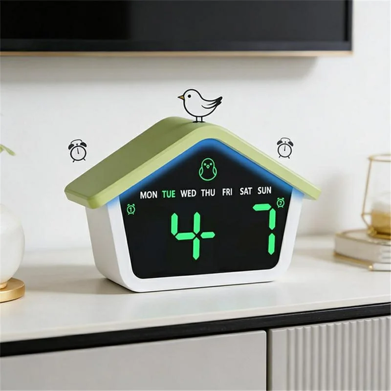 House-Shaped Cuckoo Digital Alarm Clock LED 8-Color Night Light Dual Alarm Snooze Silent Clock - 6698  /  Blue