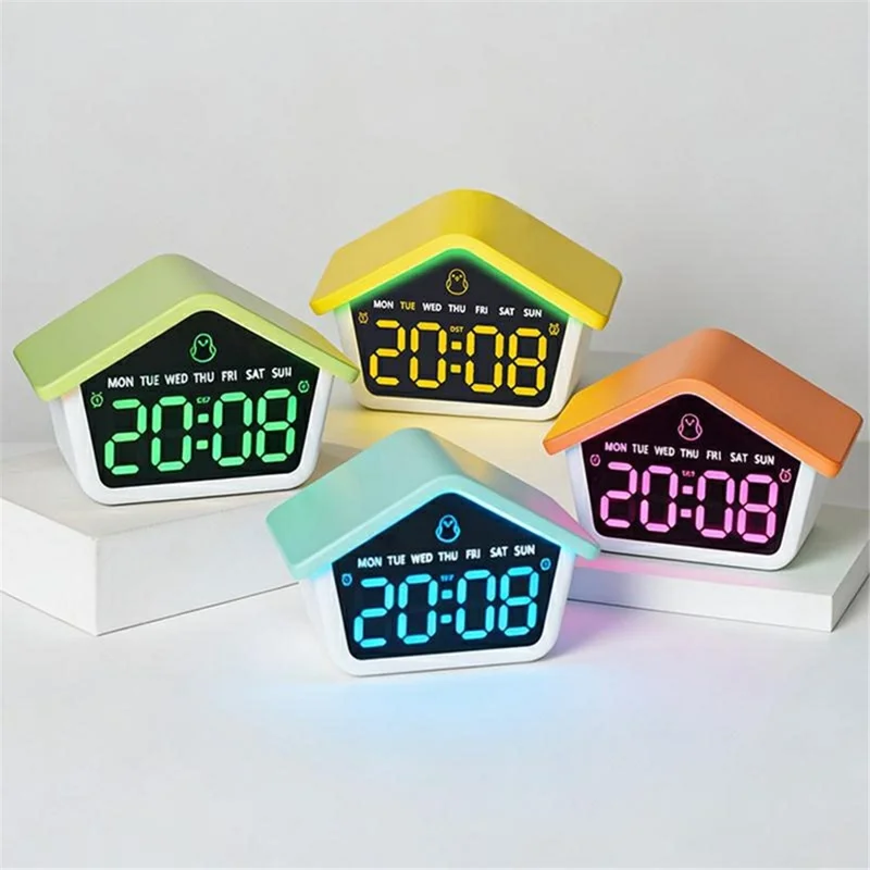 House-Shaped Cuckoo Digital Alarm Clock LED 8-Color Night Light Dual Alarm Snooze Silent Clock - 6698  /  Blue