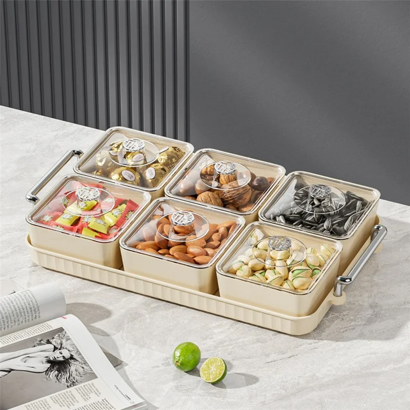 6-Compartment PET Snack Tray with Lid Dustproof Food Storage Box Fruit Candy Container (BPA Free, No FDA) - Creamy White