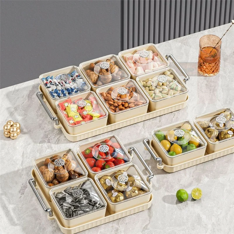 6-Compartment PET Snack Tray with Lid Dustproof Food Storage Box Fruit Candy Container (BPA Free, No FDA) - Creamy White