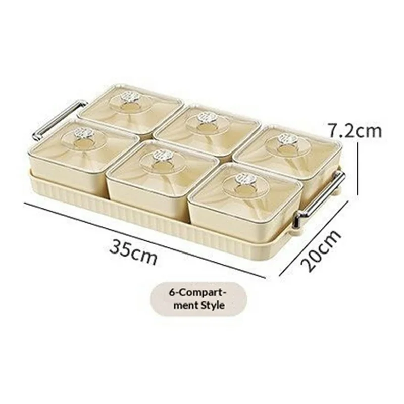 6-Compartment PET Snack Tray with Lid Dustproof Food Storage Box Fruit Candy Container (BPA Free, No FDA) - Creamy White