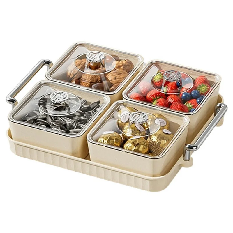 Plateau de collations en PET 4 compartiments avec couvercle, boîte de rangement alimentaire anti-poussière (sans BPA, non FDA) - Blanc crémeux