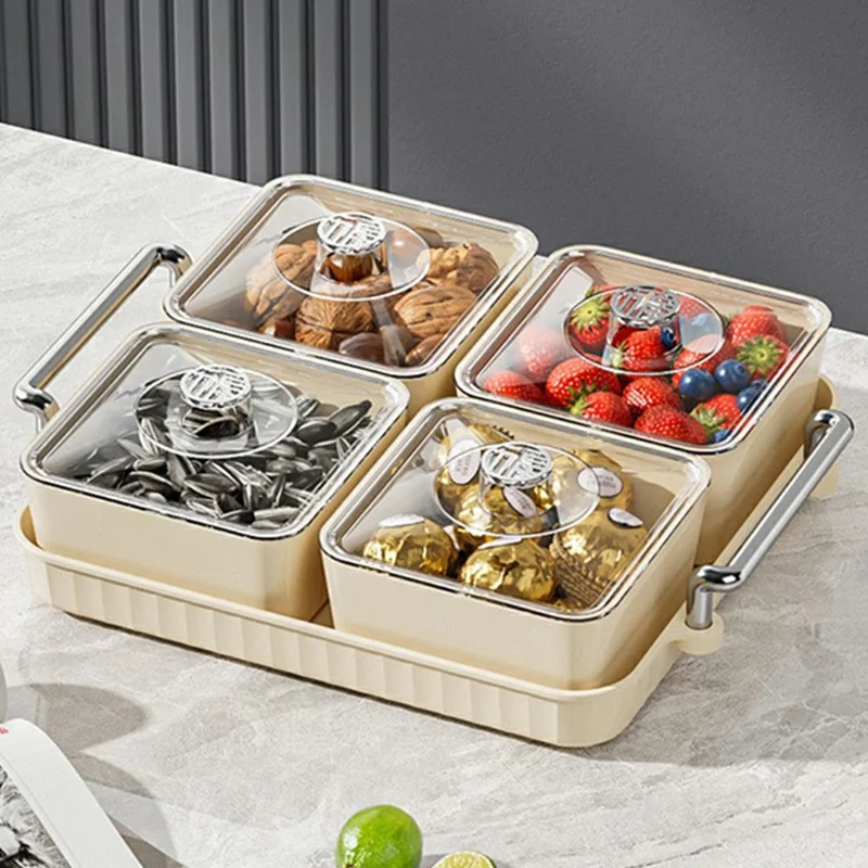Plateau de collations en PET 4 compartiments avec couvercle, boîte de rangement alimentaire anti-poussière (sans BPA, non FDA) - Blanc crémeux