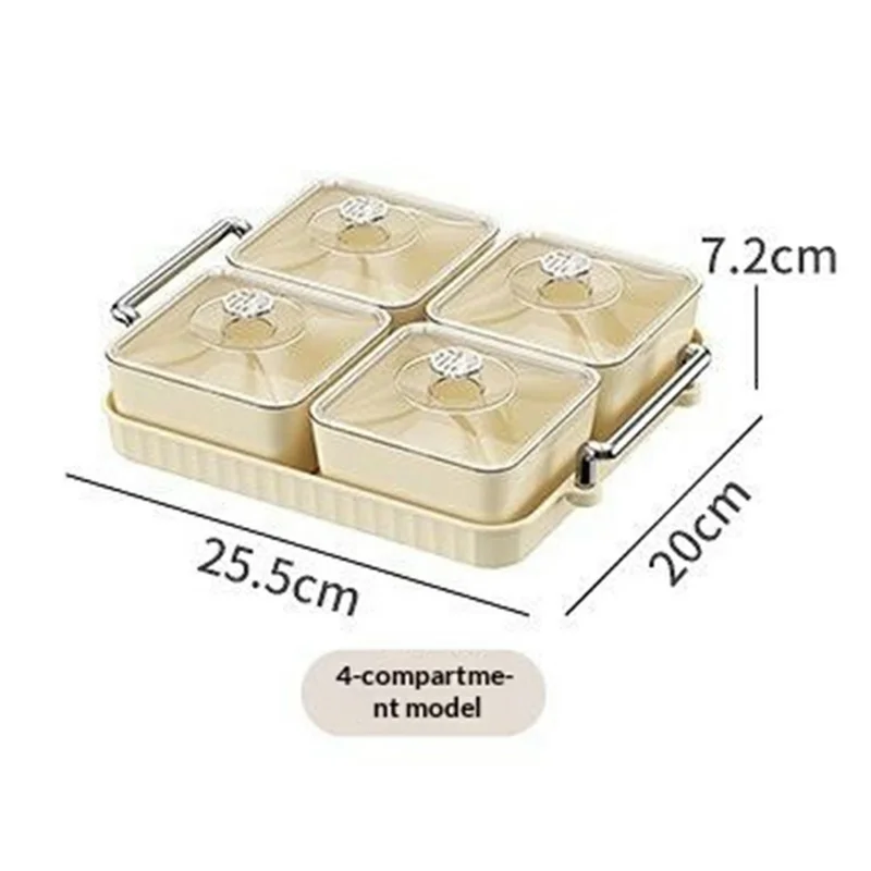 Plateau de collations en PET 4 compartiments avec couvercle, boîte de rangement alimentaire anti-poussière (sans BPA, non FDA) - Blanc crémeux