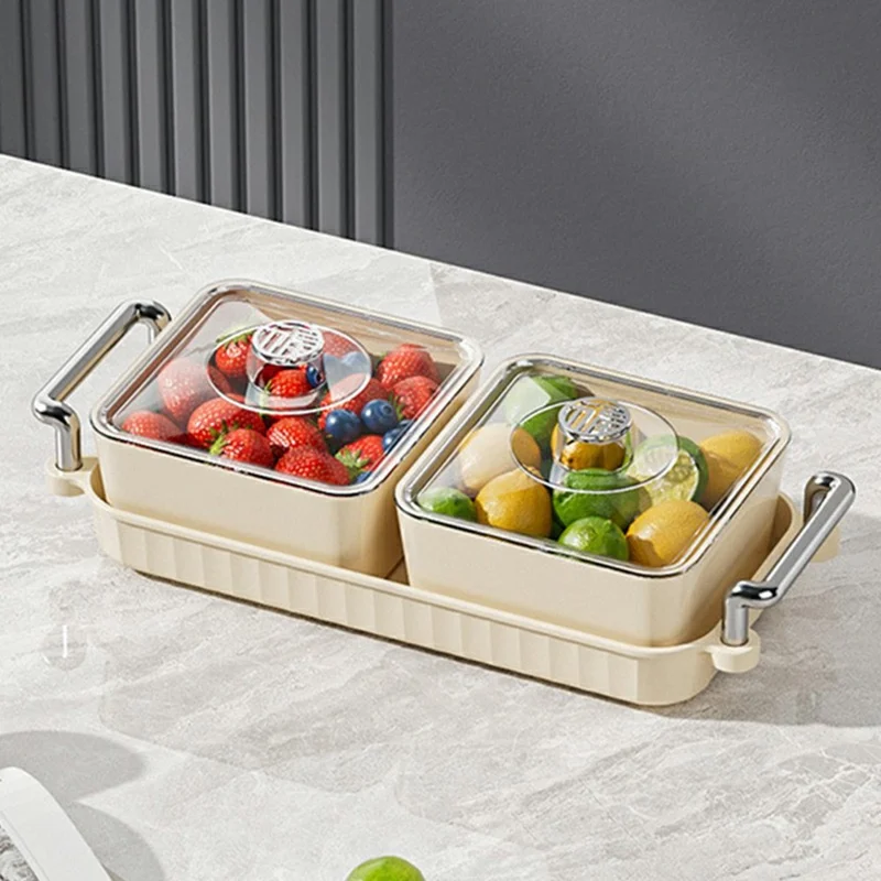 2-fach PET-Snacktablett mit Deckel staubdichter Lebensmittelbehälter für Obst, Süßigkeiten (BPA-frei, ohne FDA) – Cremeweiß