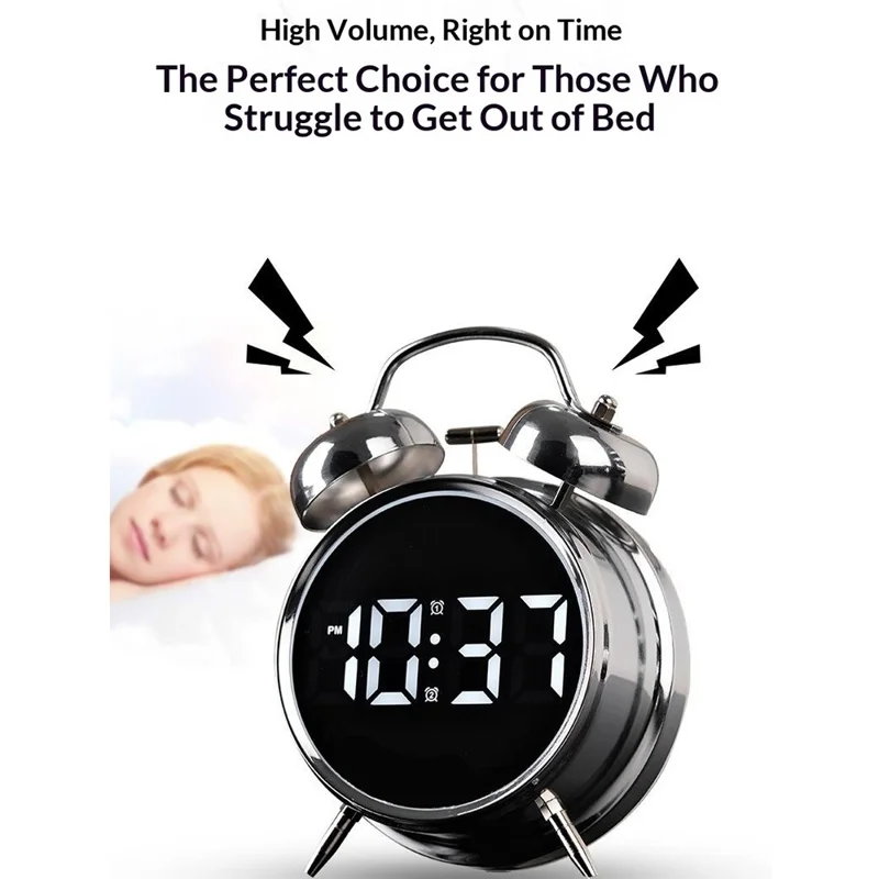 YY6031 Digital Alarm Clock Voice Activated 120dB Electronic LED Display Twin Bell Clock for Students Heavy Sleepers - Black