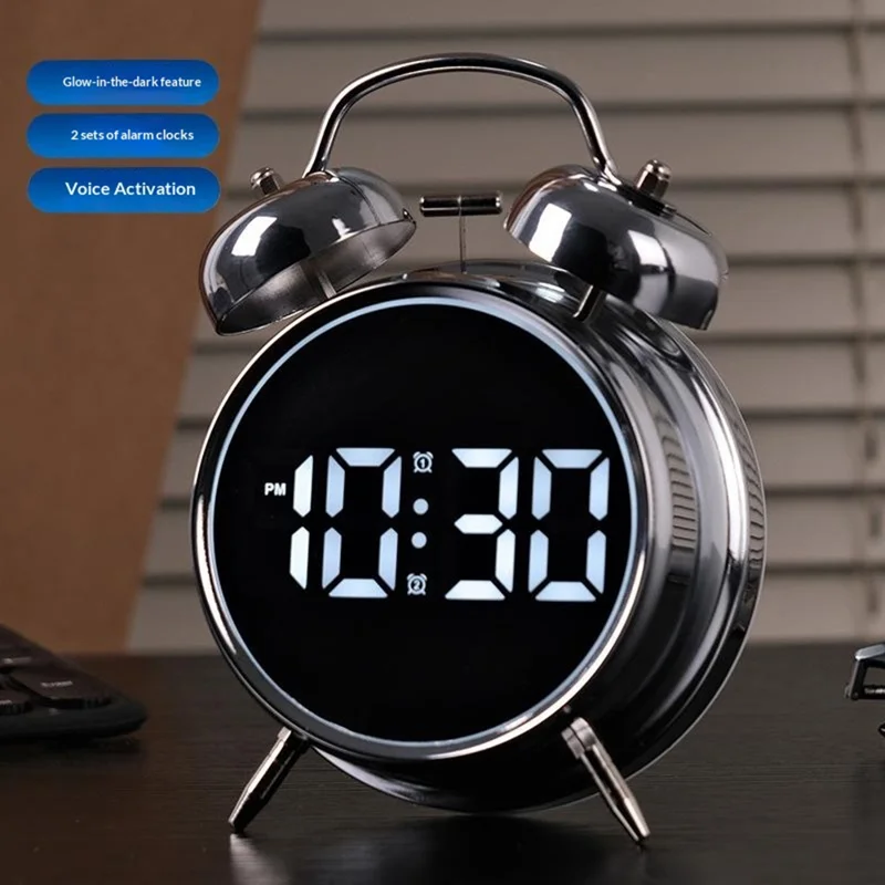 YY6031 Digital Alarm Clock Voice Activated 120dB Electronic LED Display Twin Bell Clock for Students Heavy Sleepers - Black