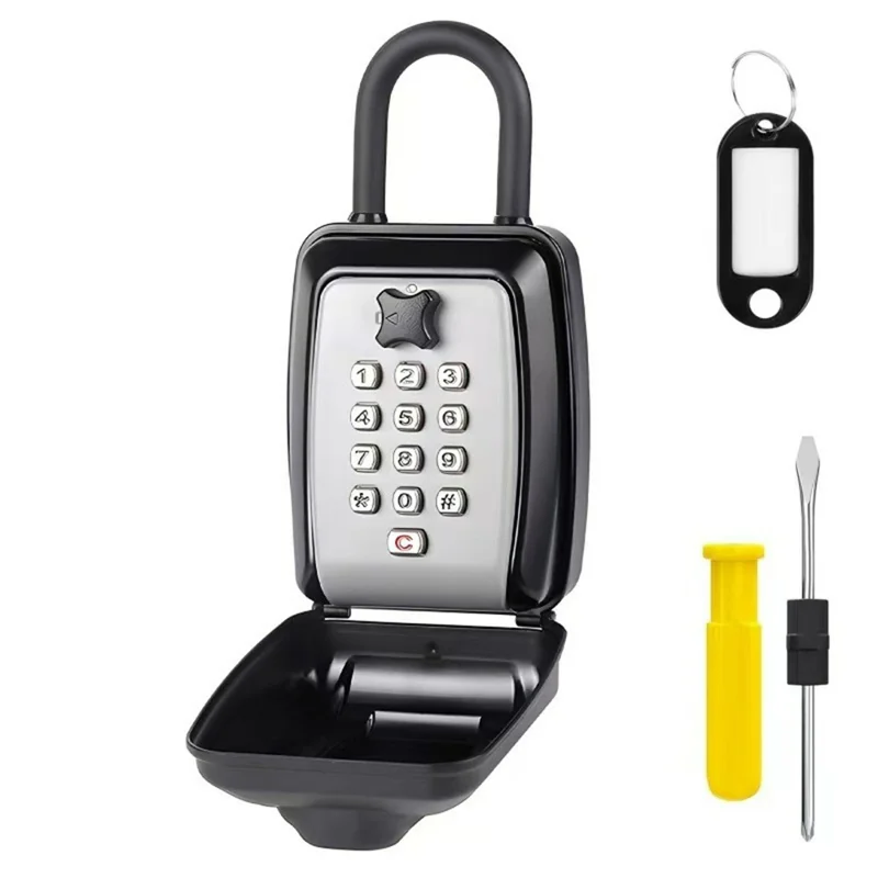 Key Lock Box with Hook Waterproof Anti-Theft 4-12 Digit Passwords Zinc Alloy Wall Mount Key Case - Grey
