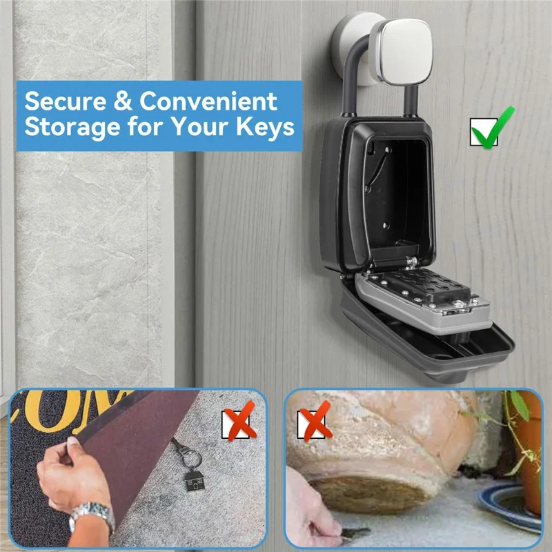 Key Lock Box with Hook Waterproof Anti-Theft 4-12 Digit Passwords Zinc Alloy Wall Mount Key Case - Grey