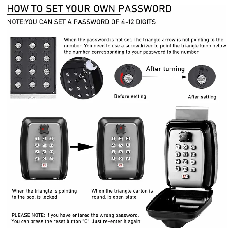 Key Lock Box with Hook Waterproof Anti-Theft 4-12 Digit Passwords Zinc Alloy Wall Mount Key Case - Grey