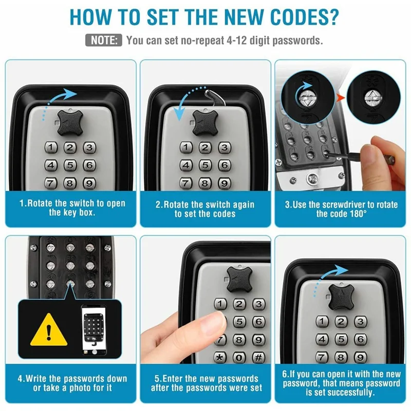 Key Lock Box with Hook Waterproof Anti-Theft 4-12 Digit Passwords Zinc Alloy Wall Mount Key Case - Grey