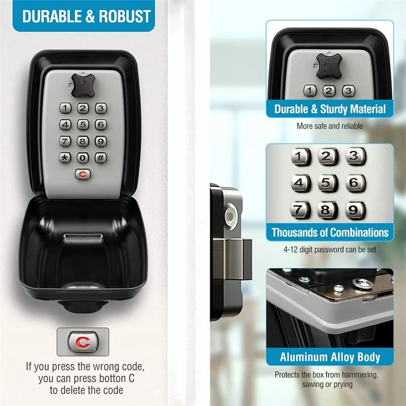 Key Lock Box with Hook Waterproof Anti-Theft 4-12 Digit Passwords Zinc Alloy Wall Mount Key Case - Grey